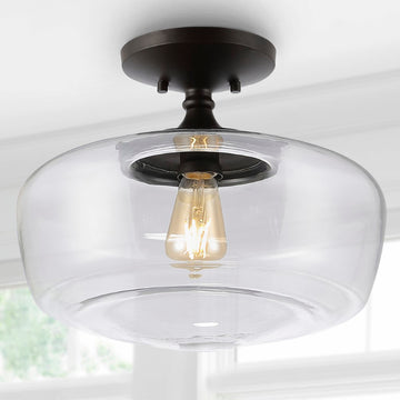 Marfa 14" Glass/Iron Farmhouse Modern LED Flush Mount - JONATHAN Y
